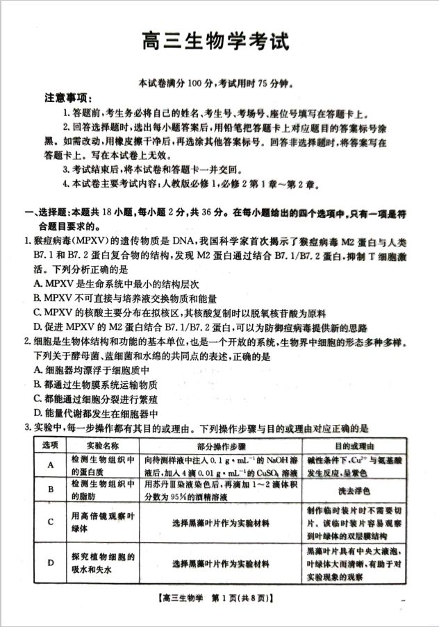 生物-湖北省部分学校（金太阳百校大联考）2024-2025学年高三年级10月联考卷封面