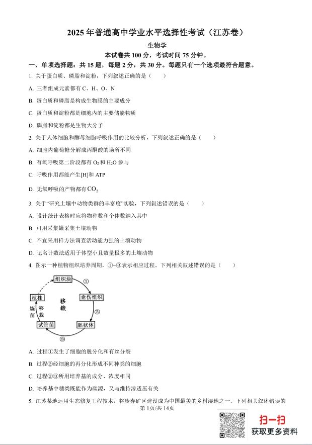 2025年普通高中学业水平选择性生物试题考试（江苏卷）含答案封面