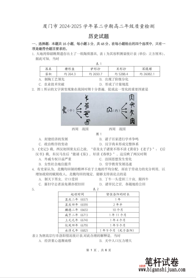 福建省厦门市2024-2025学年高二下学期期末历史试题质量检测含答案封面