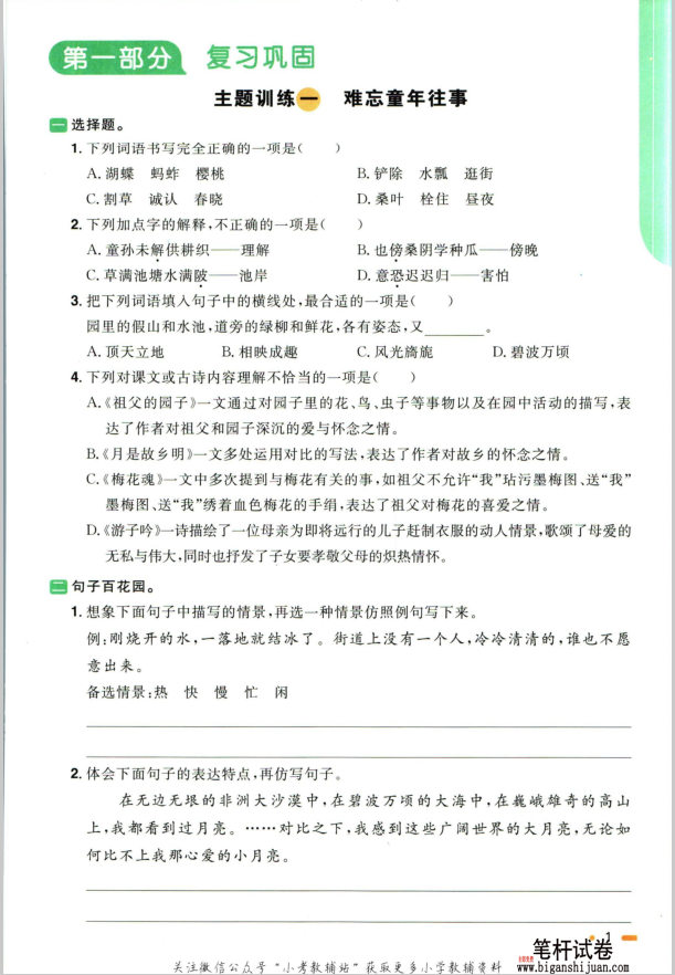 阳光同学暑假衔接五升六语文人教版含答案封面