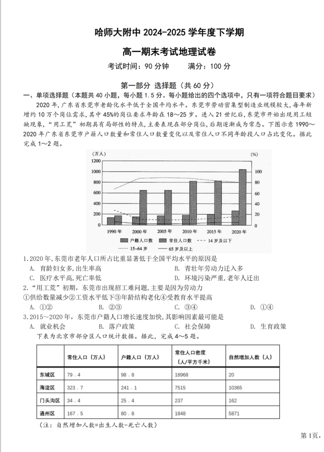 黑龙江省哈尔滨师范大学附属中学2024-2025学年高一下学期7月期末地理试题含答案封面