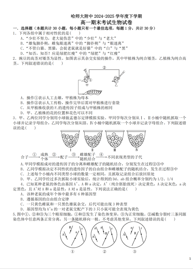 黑龙江省哈尔滨师范大学附属中学2024-2025学年高一下学期7月期末生物试题含答案封面