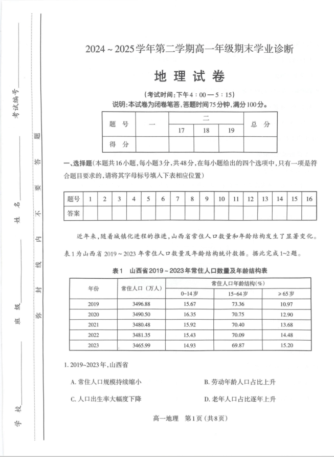山西省太原市2024-2025学年高一下学期期末学业诊断地理试题含答案封面