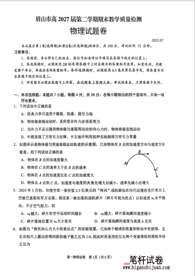 四川省眉山市2024-2025学年高一下学期期末物理试题质量检测含答案