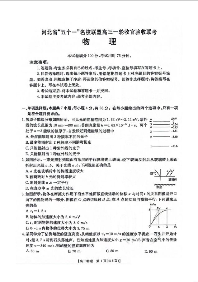 物理-河北省金太阳2025届“五个一”名校联盟高三一轮收官验收联考卷(图1)