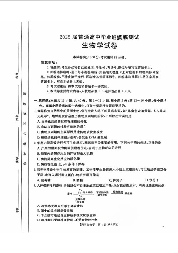 生物试卷-广西壮族自治区（金太阳24-66C）2025届高三10月七市（柳州、贵港、梧州、贺州、钦州、百色 、北海等）联合考
