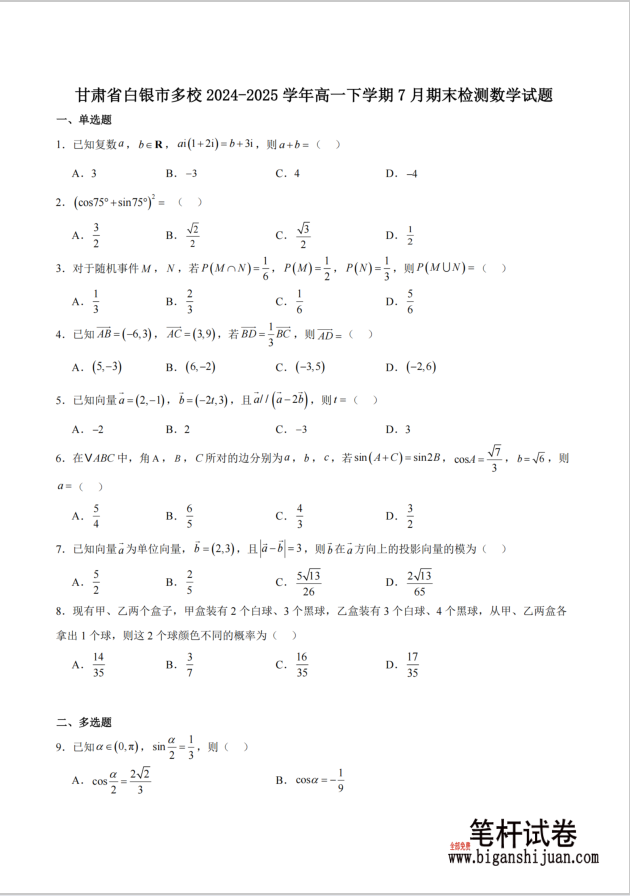 甘肃省白银市2024-2025学年高一下学期期末检测数学试题含答案