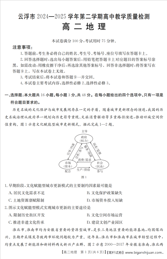 广东省云浮市2024-2025学年高二下学期高中教学质量检测地理试题含答案