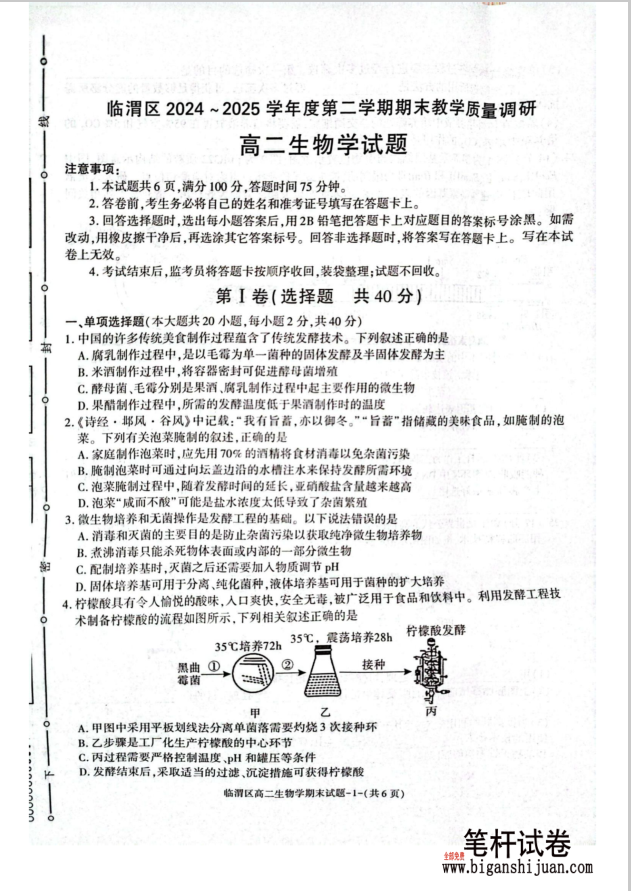 陕西省渭南市临渭区2024-2025学年高二下学期期末教学质量调研生物试题含答案